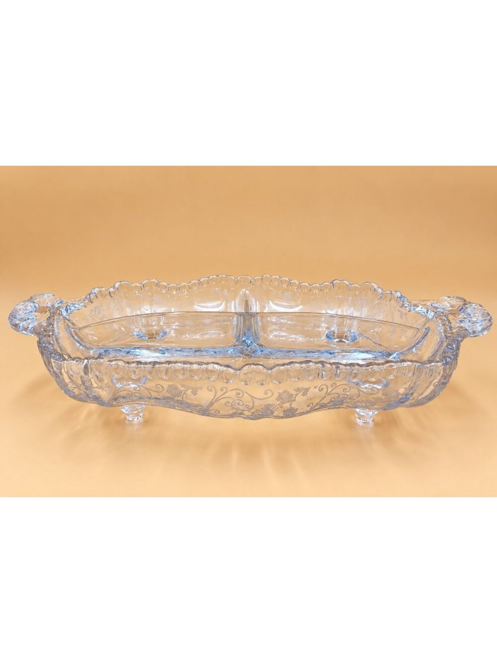 Cambridge Glass 3500/64 Elaine Etch Clear 3 Part Relish Dish 4 Toed - Picture 2 of 10